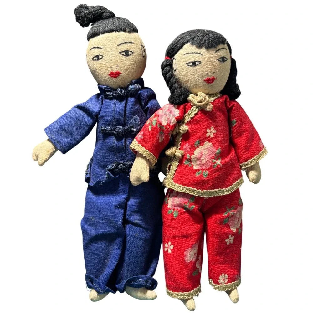 Vintage Chinese Cloth Dolls Pair Traditional Samfu Cheongsam Folk Art Blue‎ Red